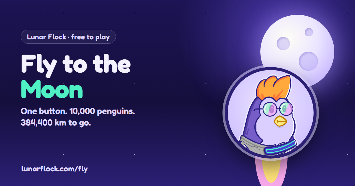 Fly to the Moon: a penguin rides a rocket towards the moon