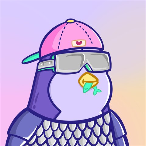 An illustration of Lunar Flock penguin #5000 in a backwards cap and ski goggles, holding a fish